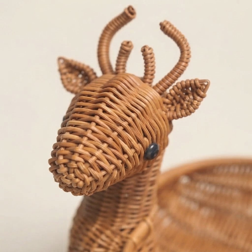 Close-up of woven bamboo animal storage basket head with small antlers and stitched eye
