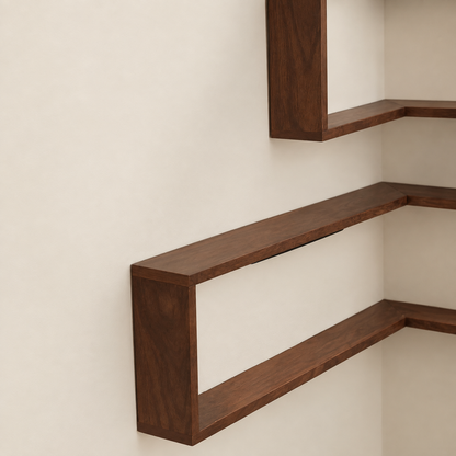Dark brown wooden corner floating shelves, three L-shaped compartments