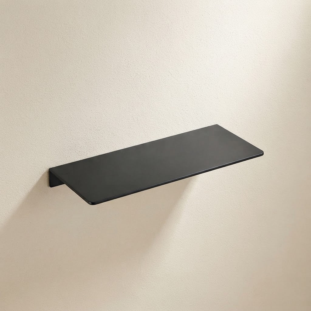 Black floating stainless steel shelf with flat rectangular ledge and hidden brackets.