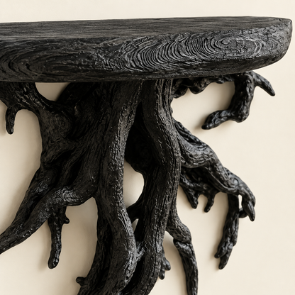 Black rustic root floating wall shelf detailed root and branch texture