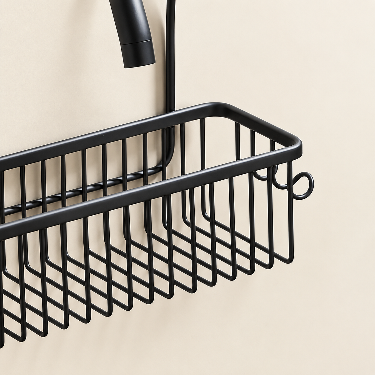 Black hanging shower tap caddy wire basket with front edge and two side hooks
