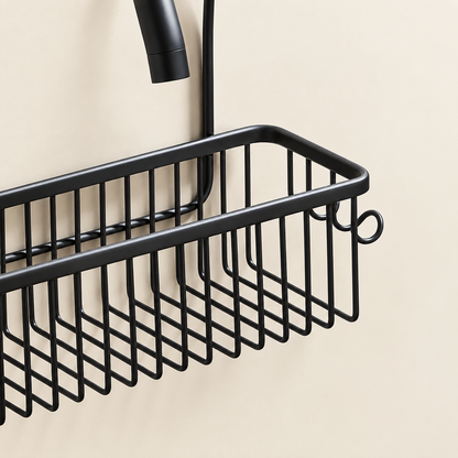Black hanging shower tap caddy wire basket with front edge and two side hooks