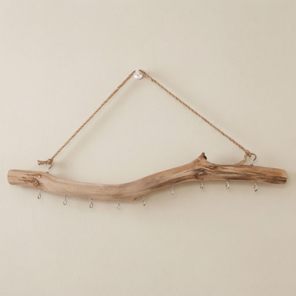 Driftwood multi-hook rail with rope hanger and loop-style metal hooks along the branch