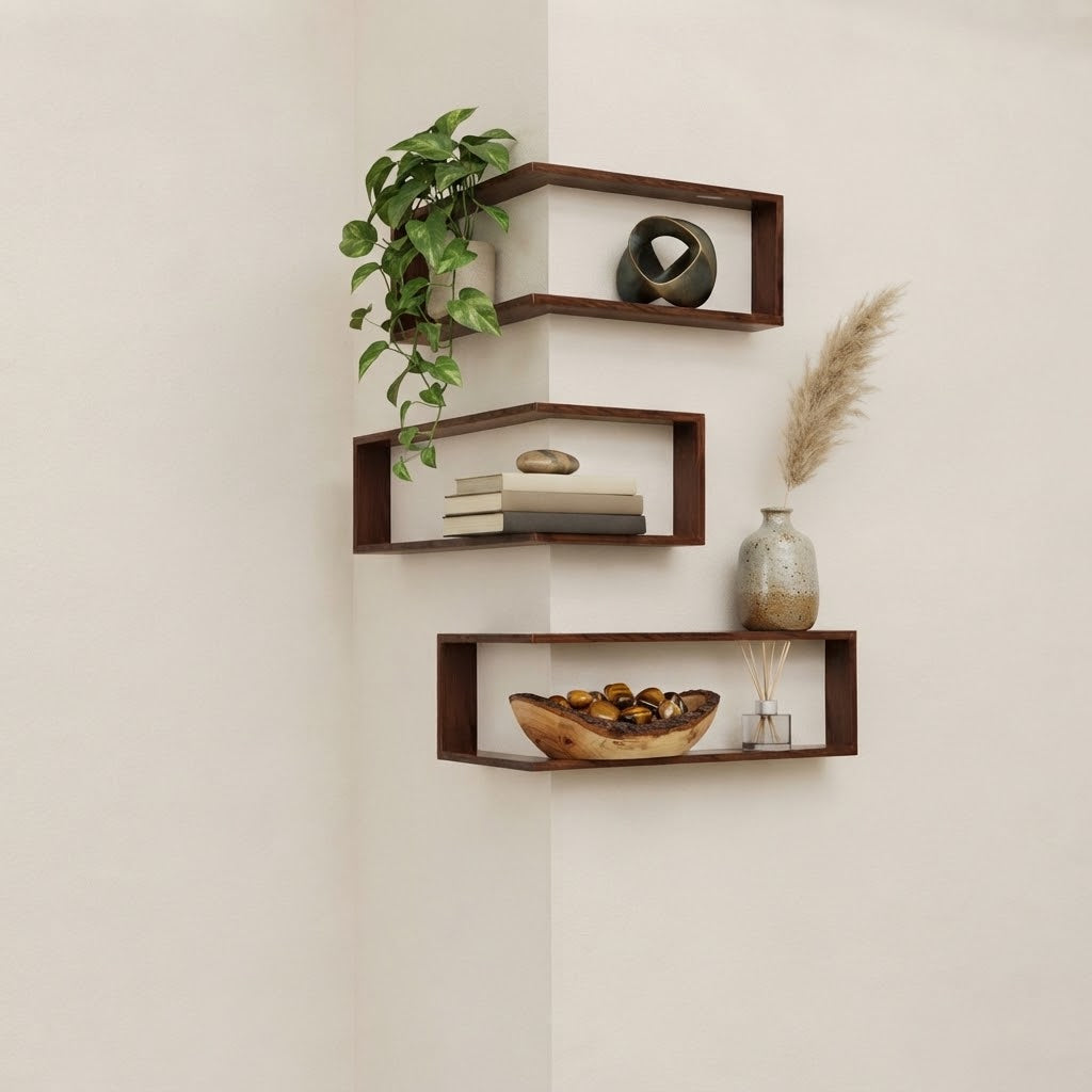 Dark brown corner floating wooden shelves with four open rectangular tiers