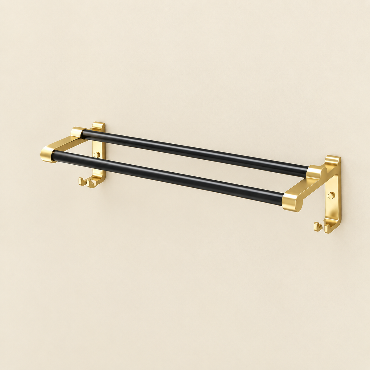 Wall-mounted towel rack with double black rails and gold mounting brackets