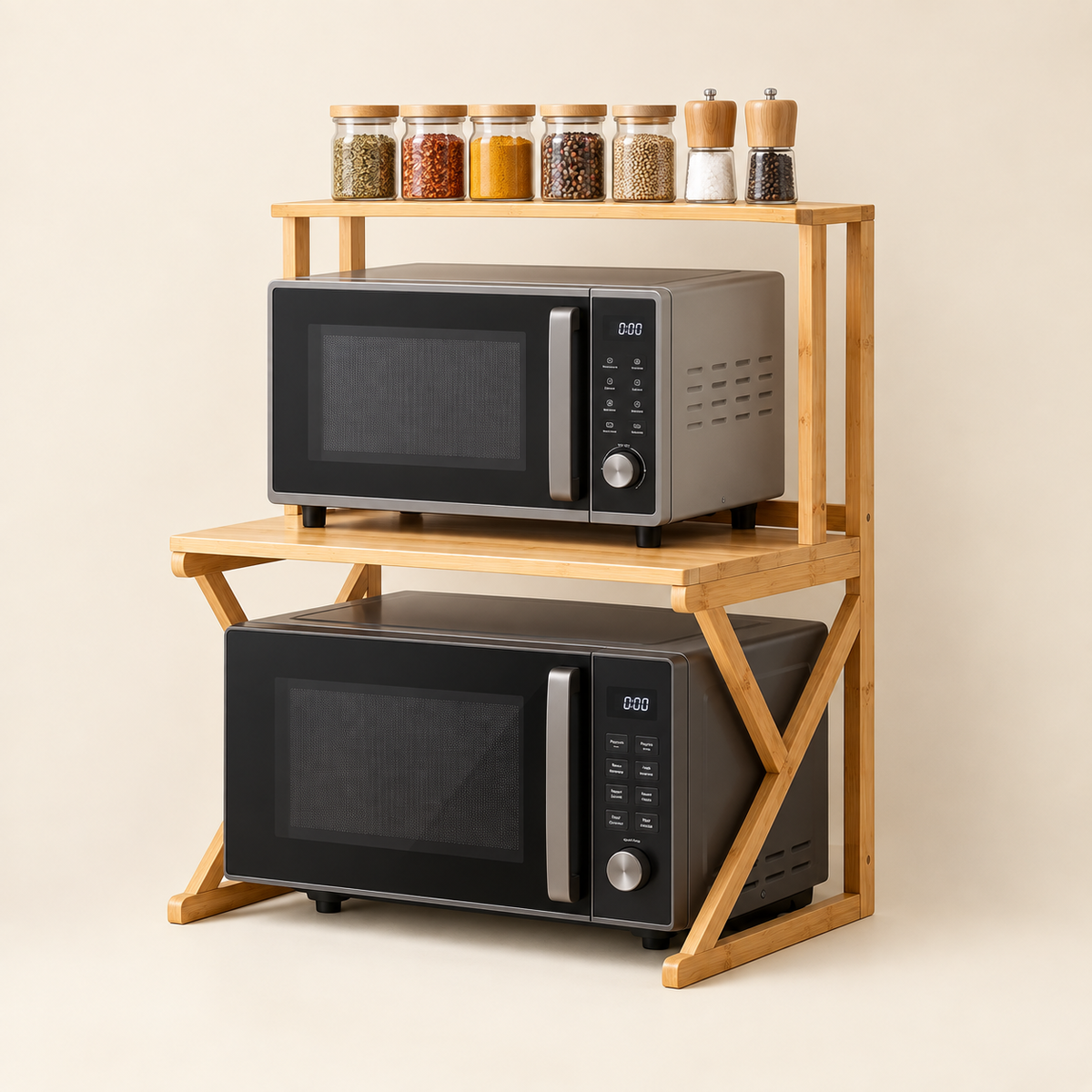 Lorvi wooden 2-tier kitchen worktop shelf with two microwaves