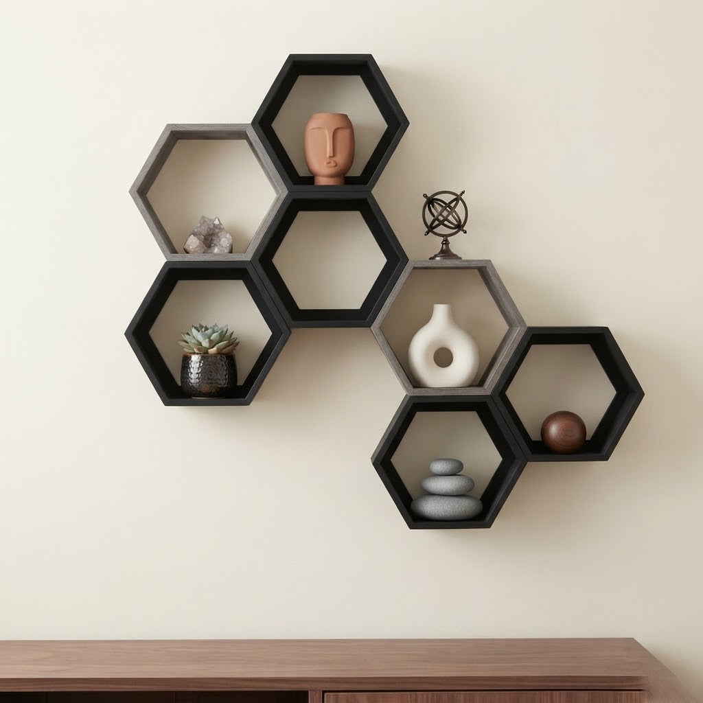 Hexagon floating wall shelf set with black and grey frames, multiple open compartments