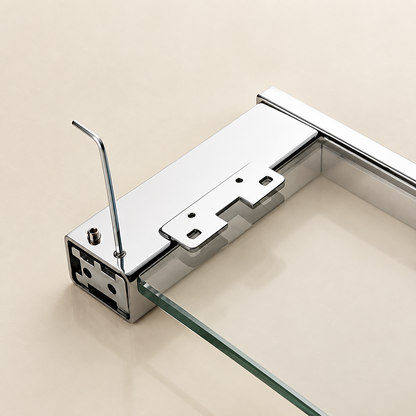 Kilor floating glass shelf with exposed mounting base and clear glass