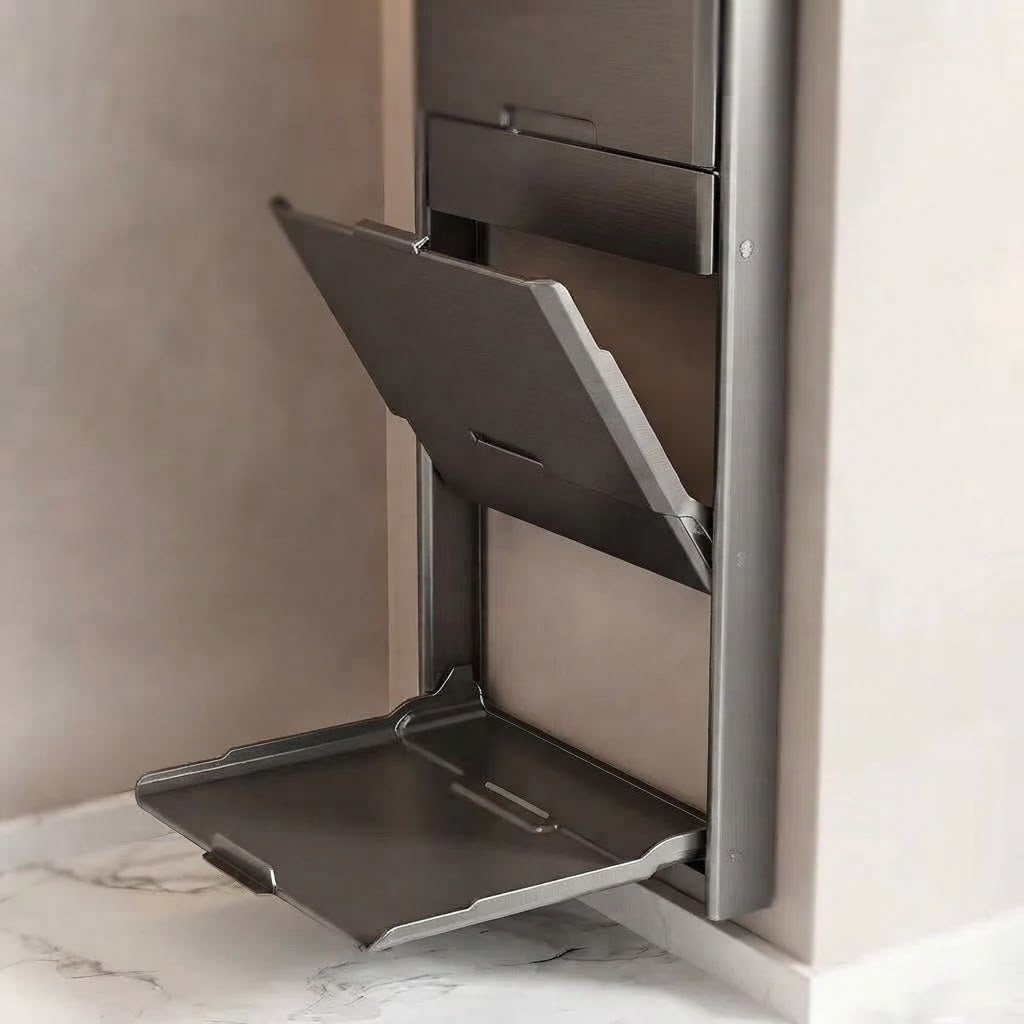 Foldable wall storage rack with open bottom tray and hinged door
