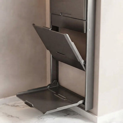 Foldable wall storage rack with open bottom tray and hinged door