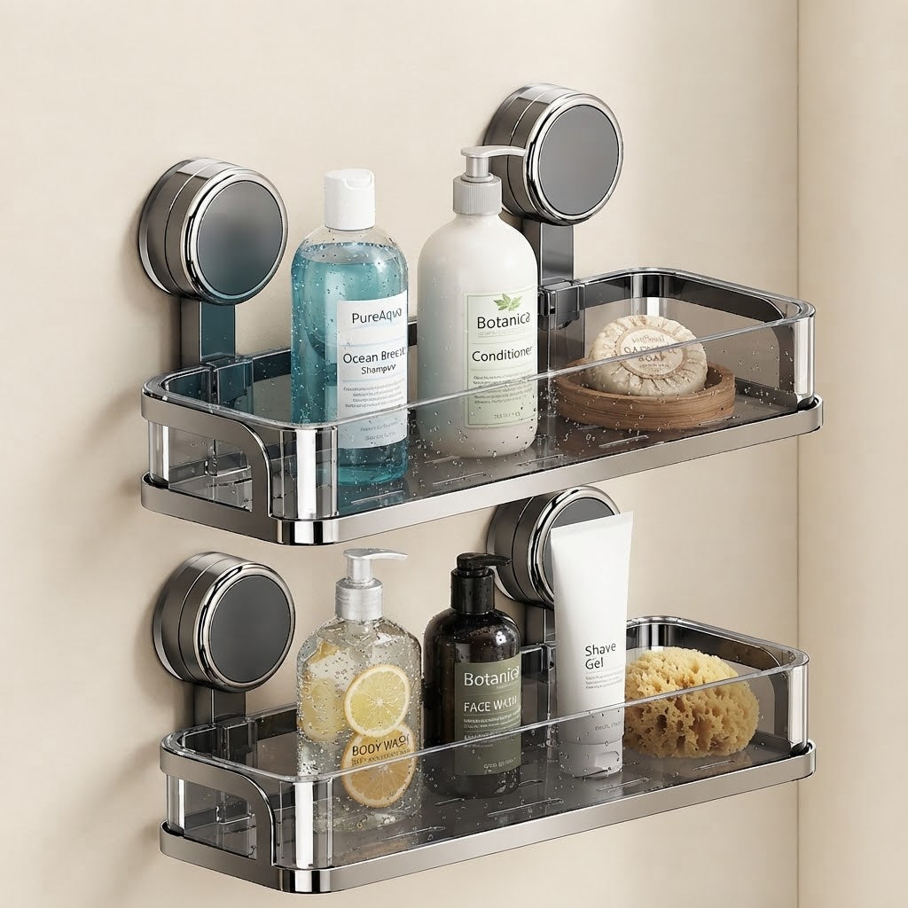 Korva suction-cup shower caddy with clear acrylic shelves and bottles, 2 tiers, grey mounts.