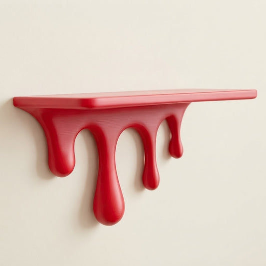 Red floating wall shelf with sculpted dripping legs and three rounded drips