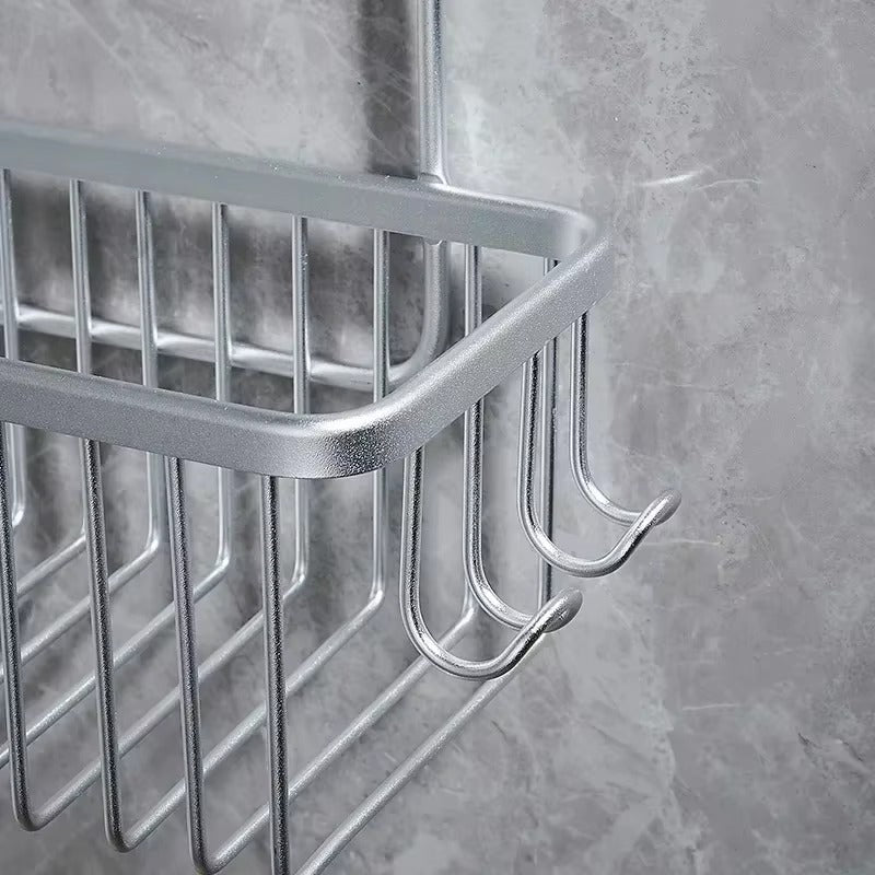Silver hanging shower tap caddy close-up wire basket with curved hooks