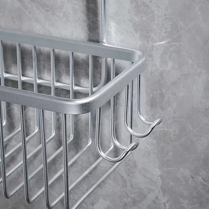 Silver hanging shower tap caddy close-up wire basket with curved hooks