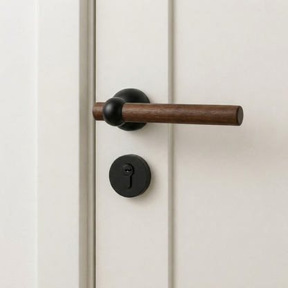 Walnut-finish door lever handle with black round silent lock trim and key cylinder