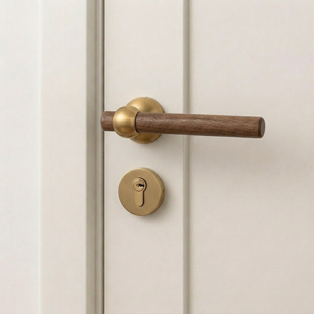 Walnut-finish door lever handle with brass-gold round silent lock trim and key cylinder