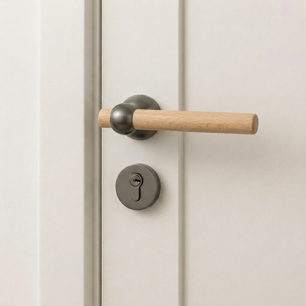 Light wood door lever handle with brushed silver round silent lock trim and key cylinder