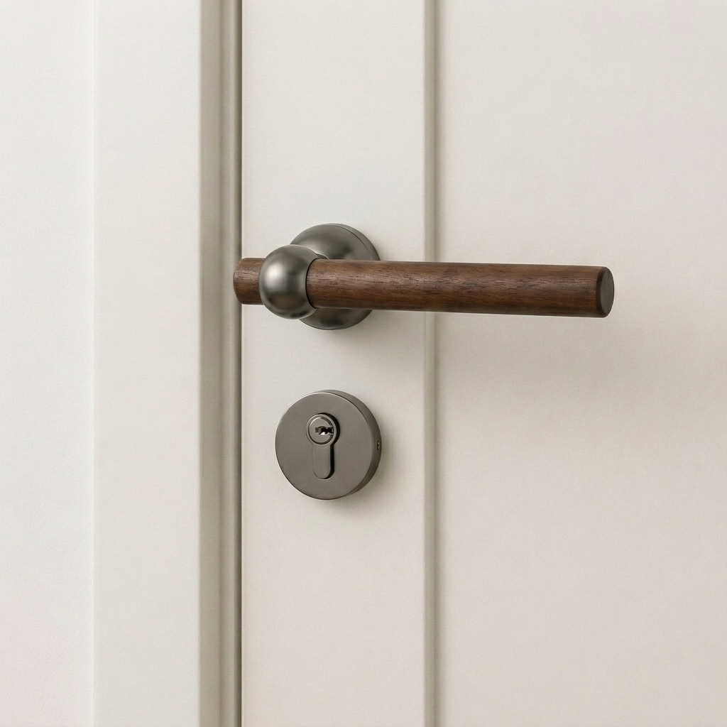 Walnut-finish door lever handle with brushed silver round silent lock trim and key cylinder