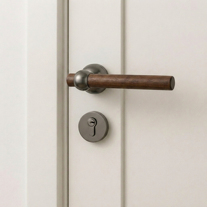 Walnut-finish door lever handle with brushed silver round silent lock trim and key cylinder
