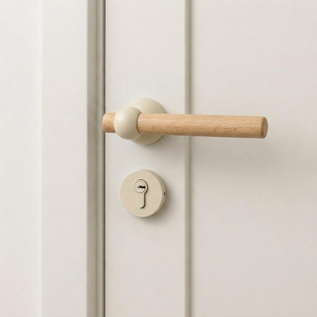 Light wood door lever handle with cream round silent lock trim and key cylinder