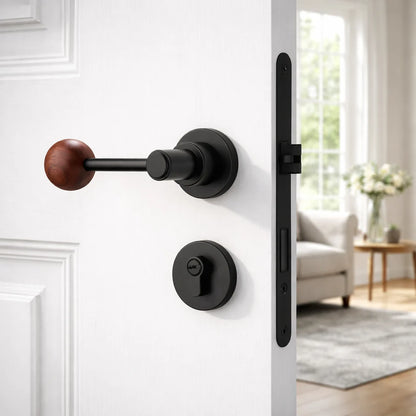 Split door lock handle with walnut ball lever and matte black backplates
