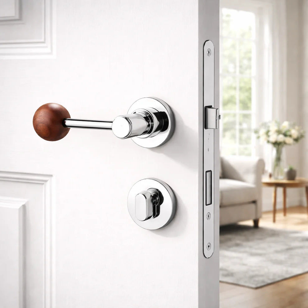 Split door lock handle with walnut ball lever and polished chrome backplates