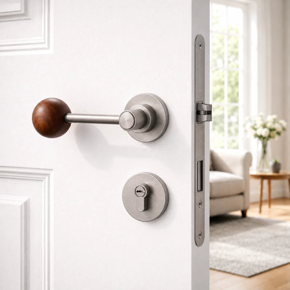 Split door lock handle with walnut ball lever on brushed silver backplates