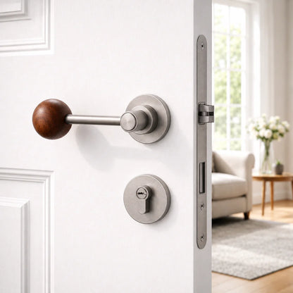 Split door lock handle with walnut ball lever on brushed silver backplates