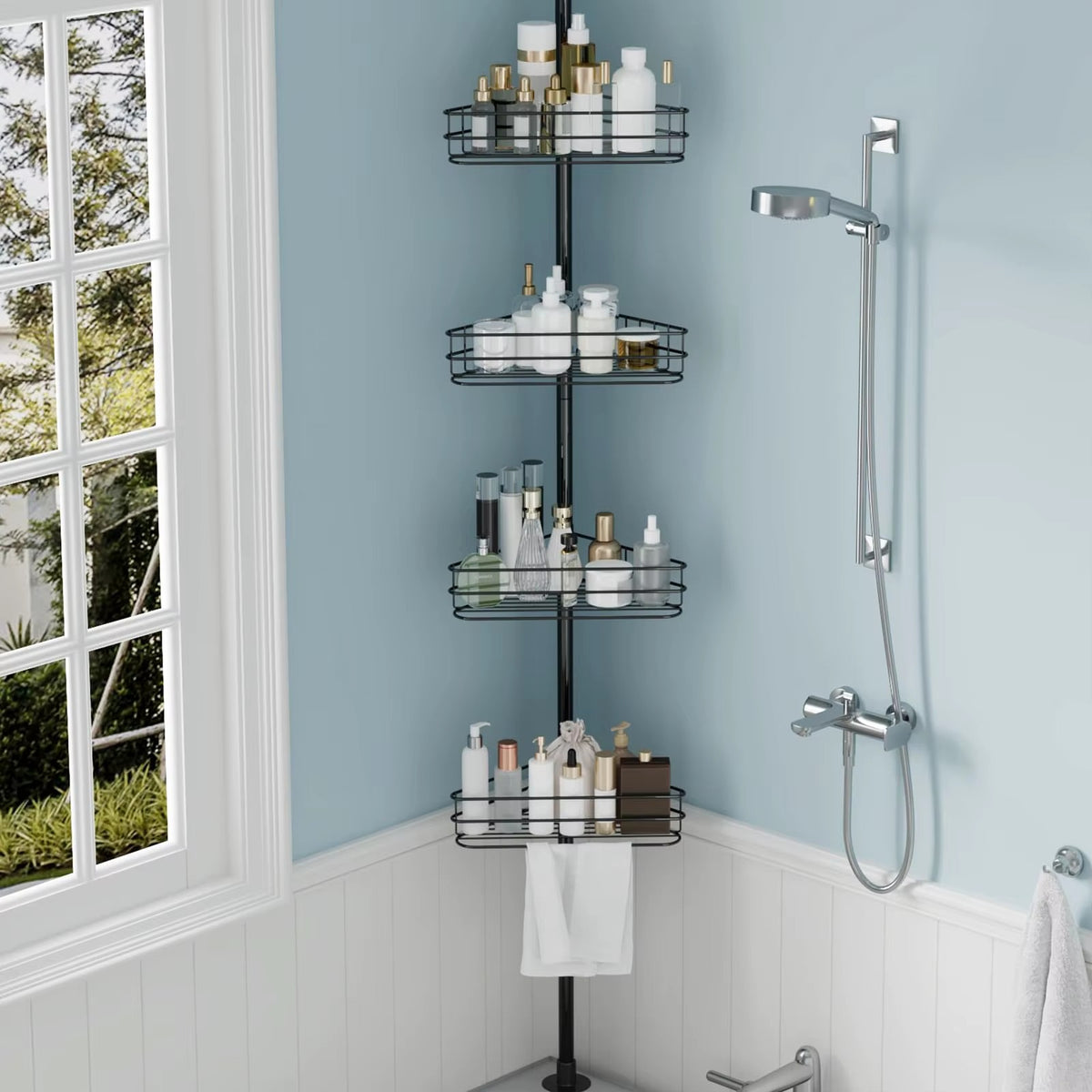 Telescopic corner shower caddy with four metal wire shelves in bathroom corner