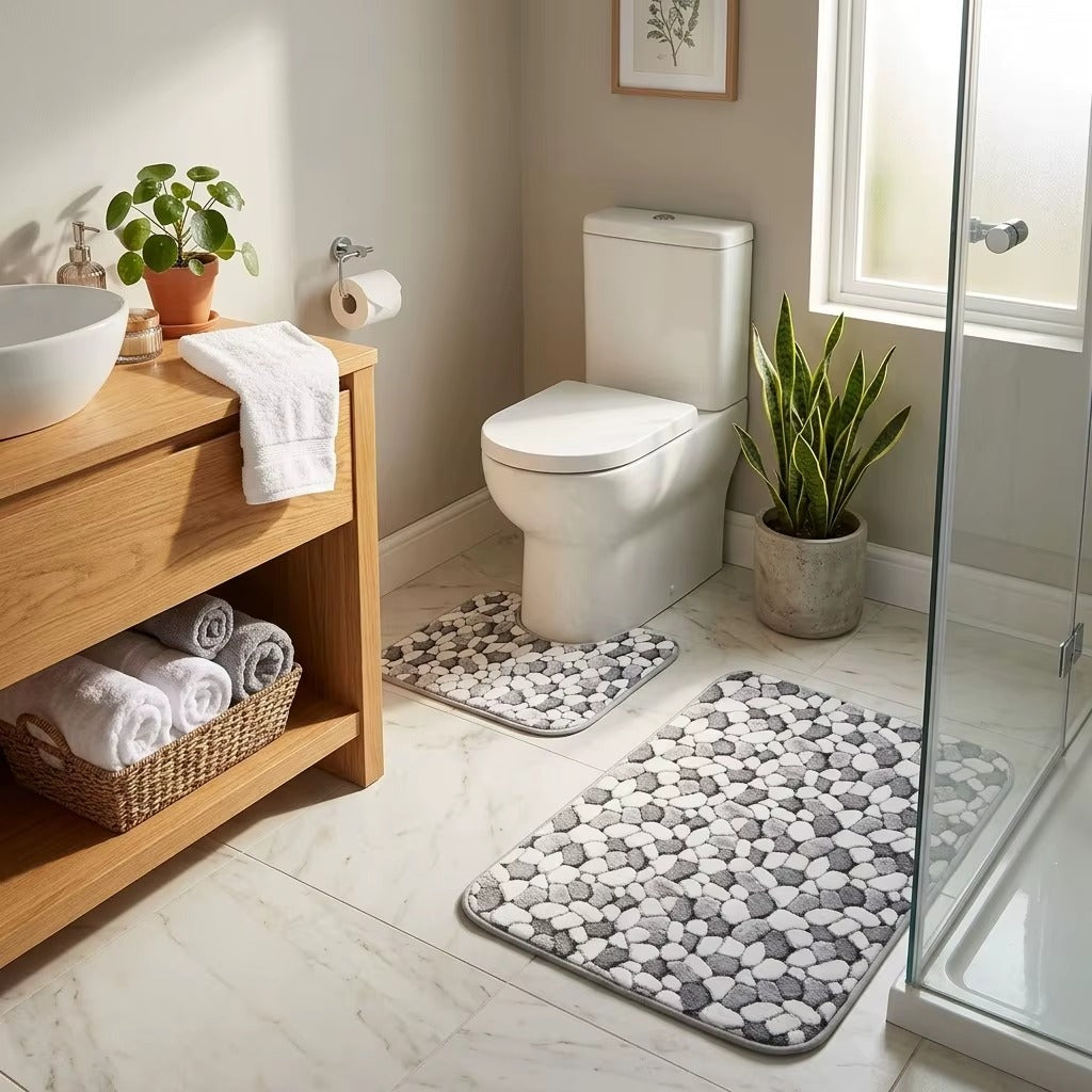 Non-slip bath mat set featuring pebble mosaic design in white and dark gray