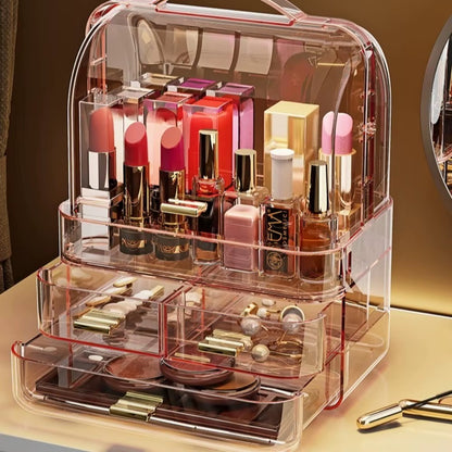Multi-tier lidded makeup organizer with clear drawers and lid, front view with stacked compartments