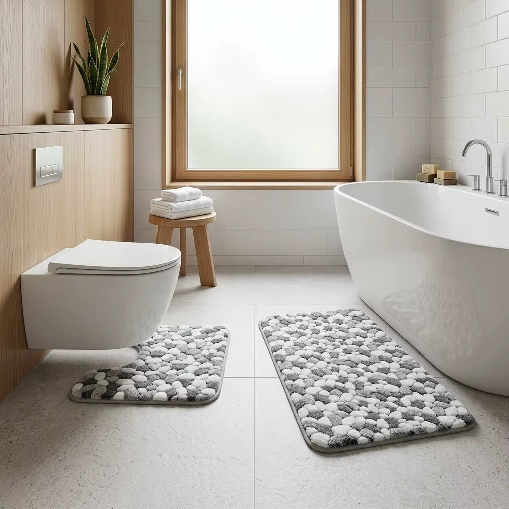 Pebble mosaic non-slip bath mats with white and dark gray pebble pattern
