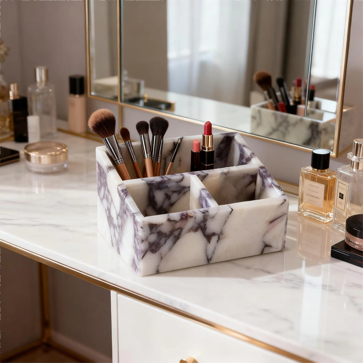 Marble makeup organizer with purple veining and open compartments for cosmetics and brushes