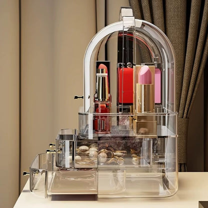 Multi-tier lidded makeup organizer with clear drawers and raised top handle, pink lipsticks inside