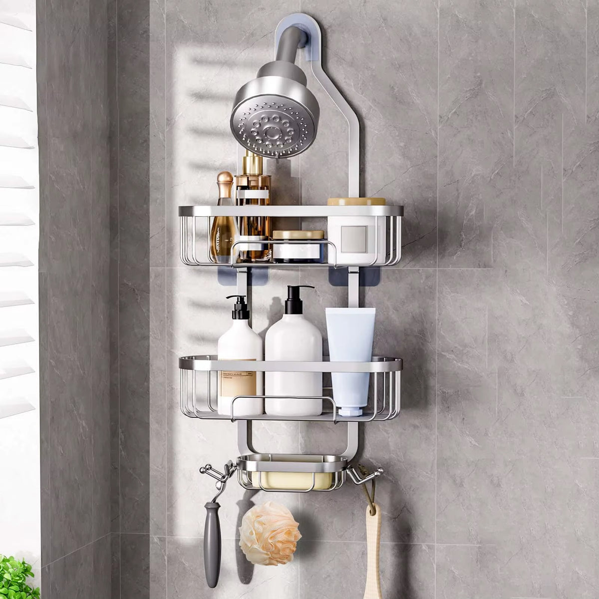 Silver hanging shower head caddy with two-tier wire baskets and soap holder