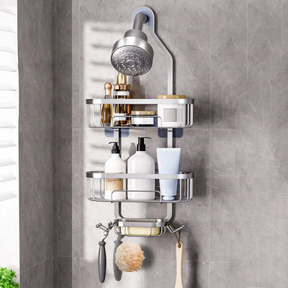 Silver hanging shower head caddy with two-tier wire baskets and soap holder