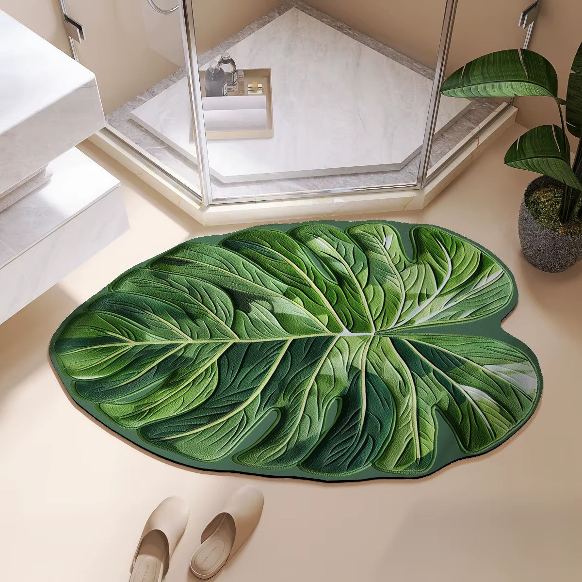 Monstera leaf green non-slip bath mat with detailed leaf texture