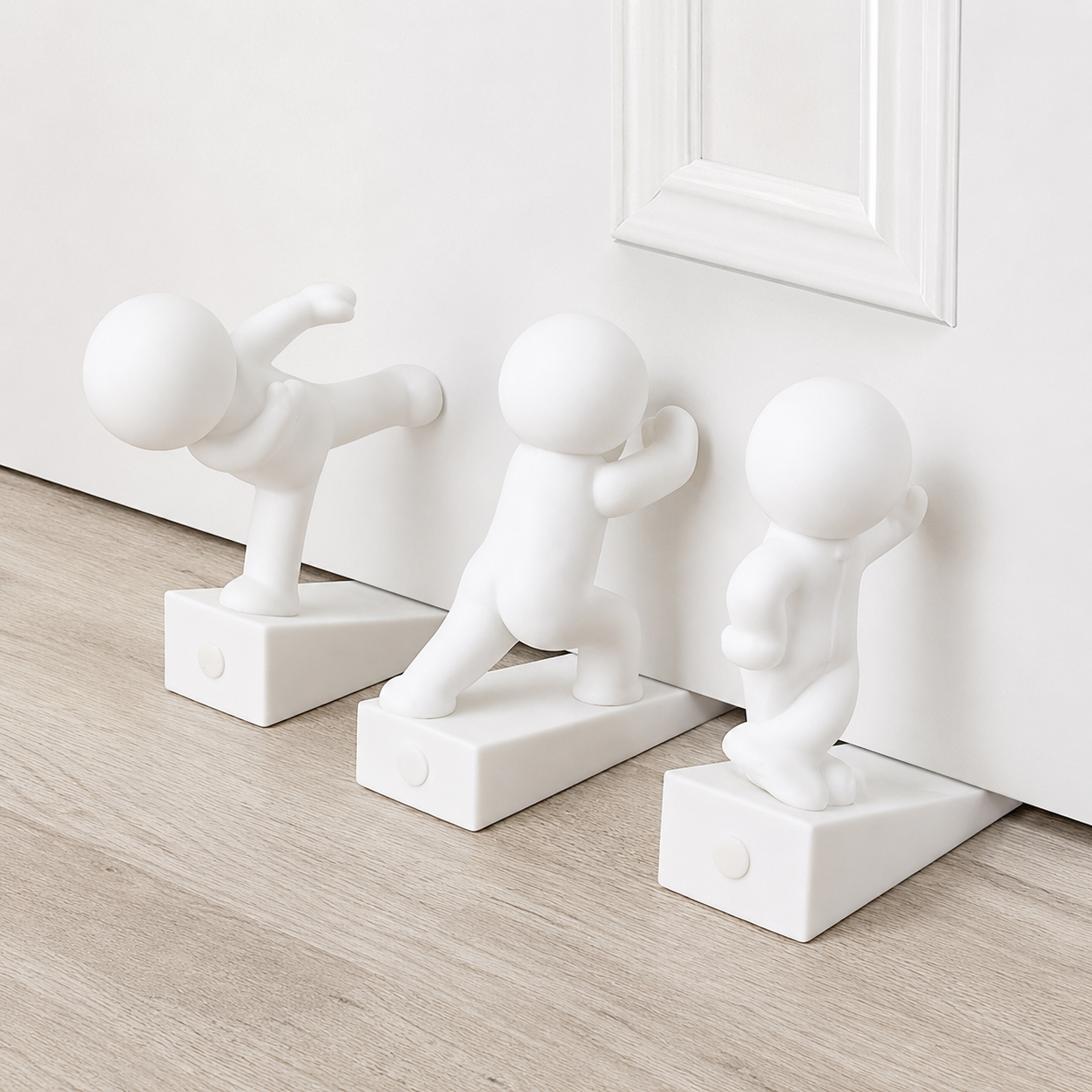 Three white playful character door stops leaning against a wall, each on a rectangular base