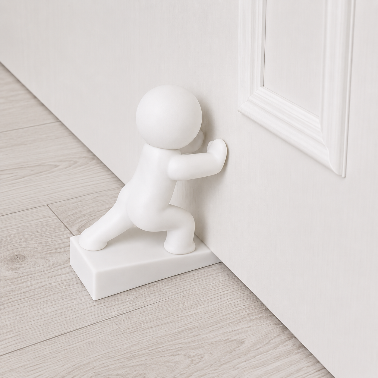 White playful character door stop leaning near a door frame, on a rectangular base