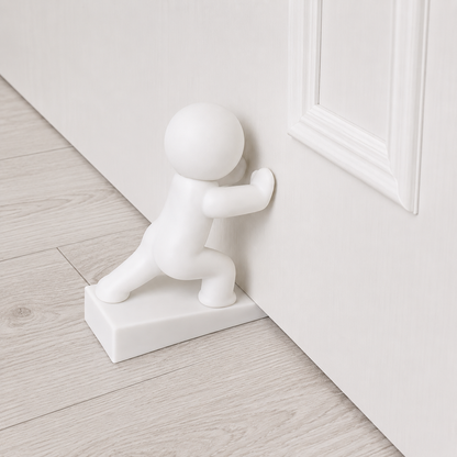 White playful character door stop leaning near a door frame, on a rectangular base