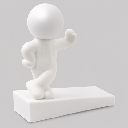 White playful character door stop in leaning pose, one arm out, on a rectangular base