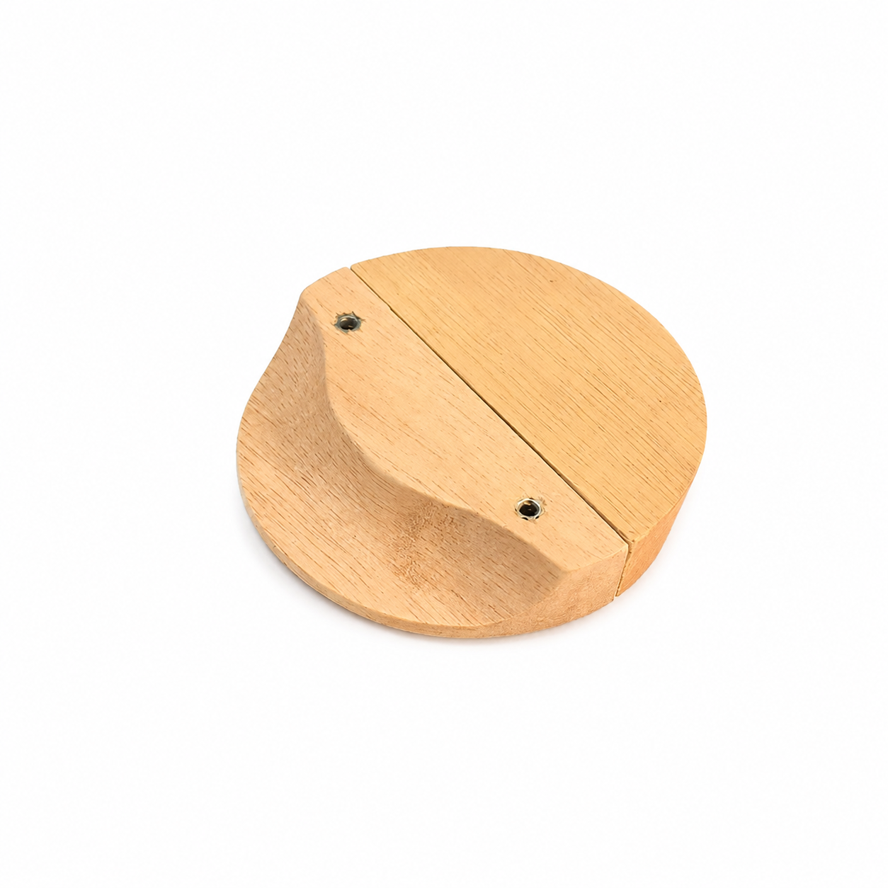 Light wood semicircle cabinet pull handle with two mounting holes and diagonal split seam