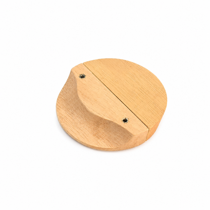 Light wood semicircle cabinet pull handle with two mounting holes and diagonal split seam