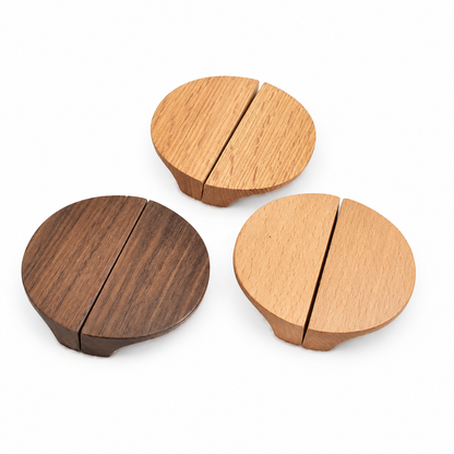 Set of semicircle cabinet pull handles in light, medium, and dark wood tones