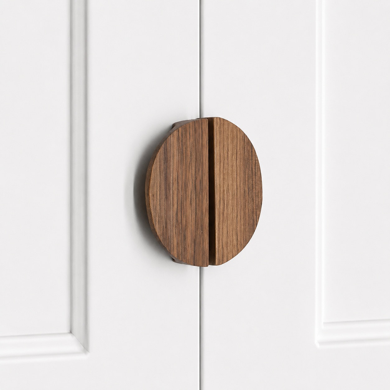 Dark walnut semicircle cabinet pull handle with vertical wood grain and split center