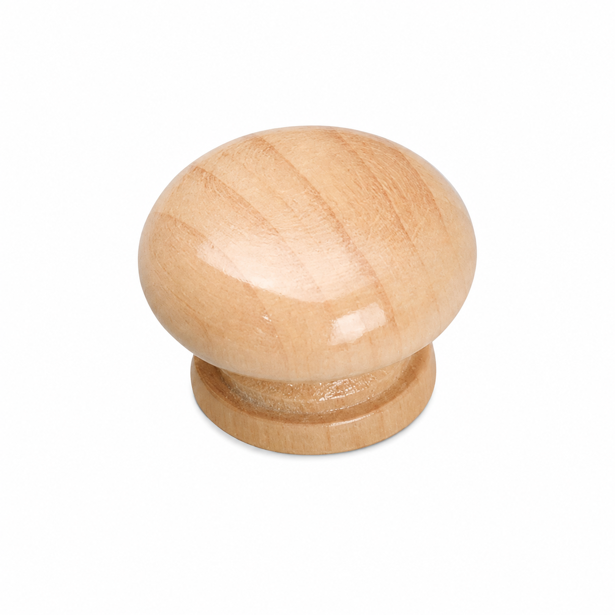 Wood cabinet knob with round dome top and base in light natural finish