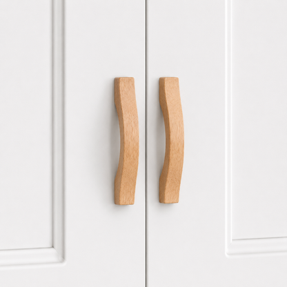 Wood cabinet handle, faceted pull shape in light natural finish