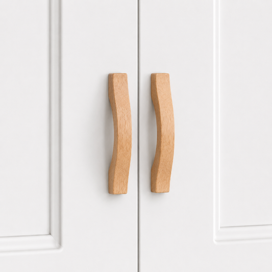 Wood cabinet handle, faceted pull shape in light natural finish