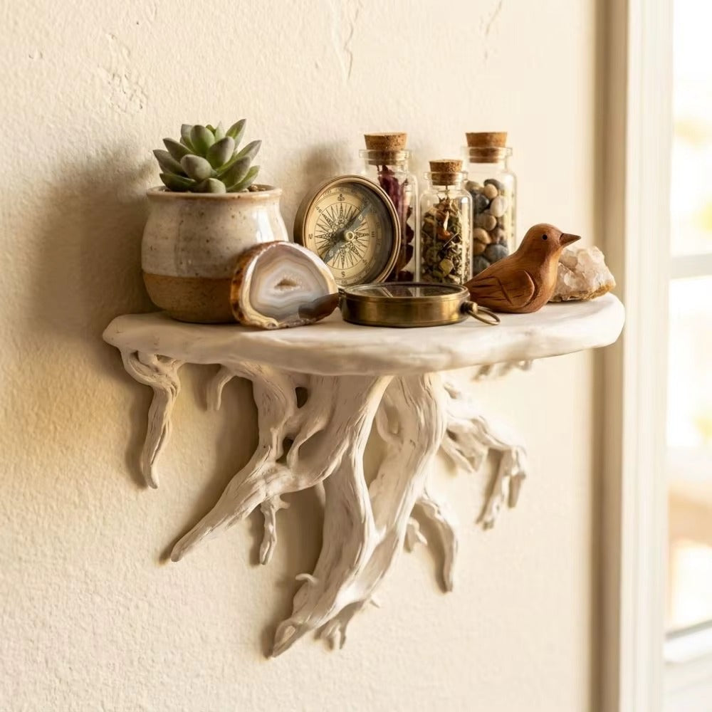 White rustic root floating wall shelf with drippy branch-style underside