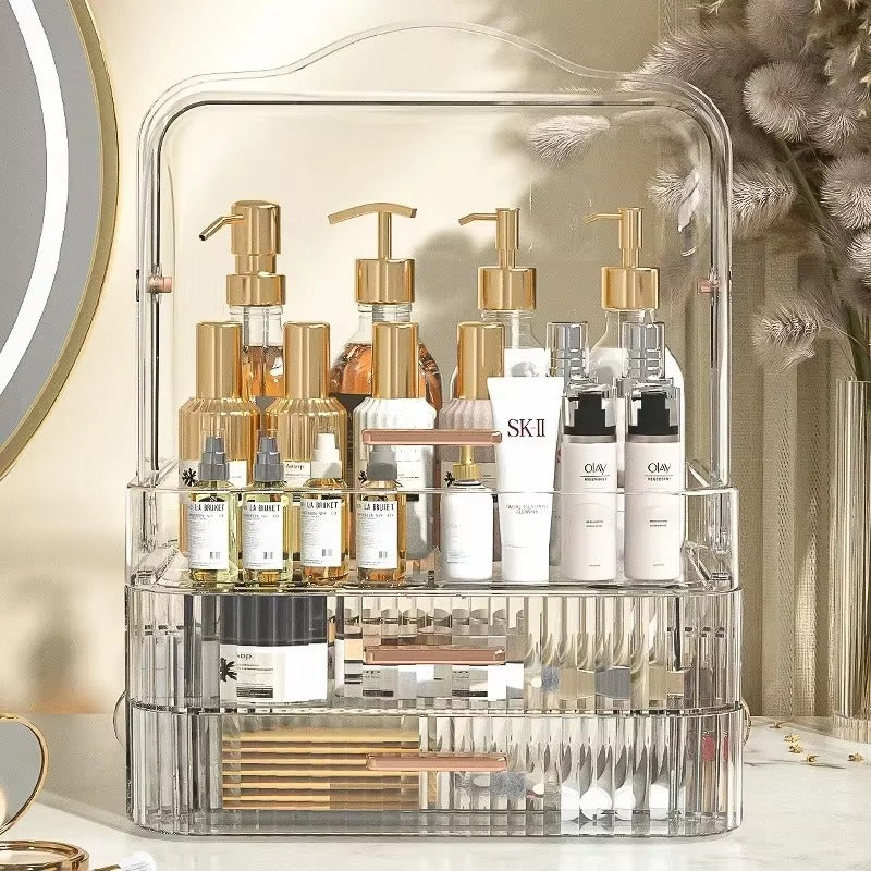 Clear multi-tier makeup organiser with lid, tiered storage for bottles and jars